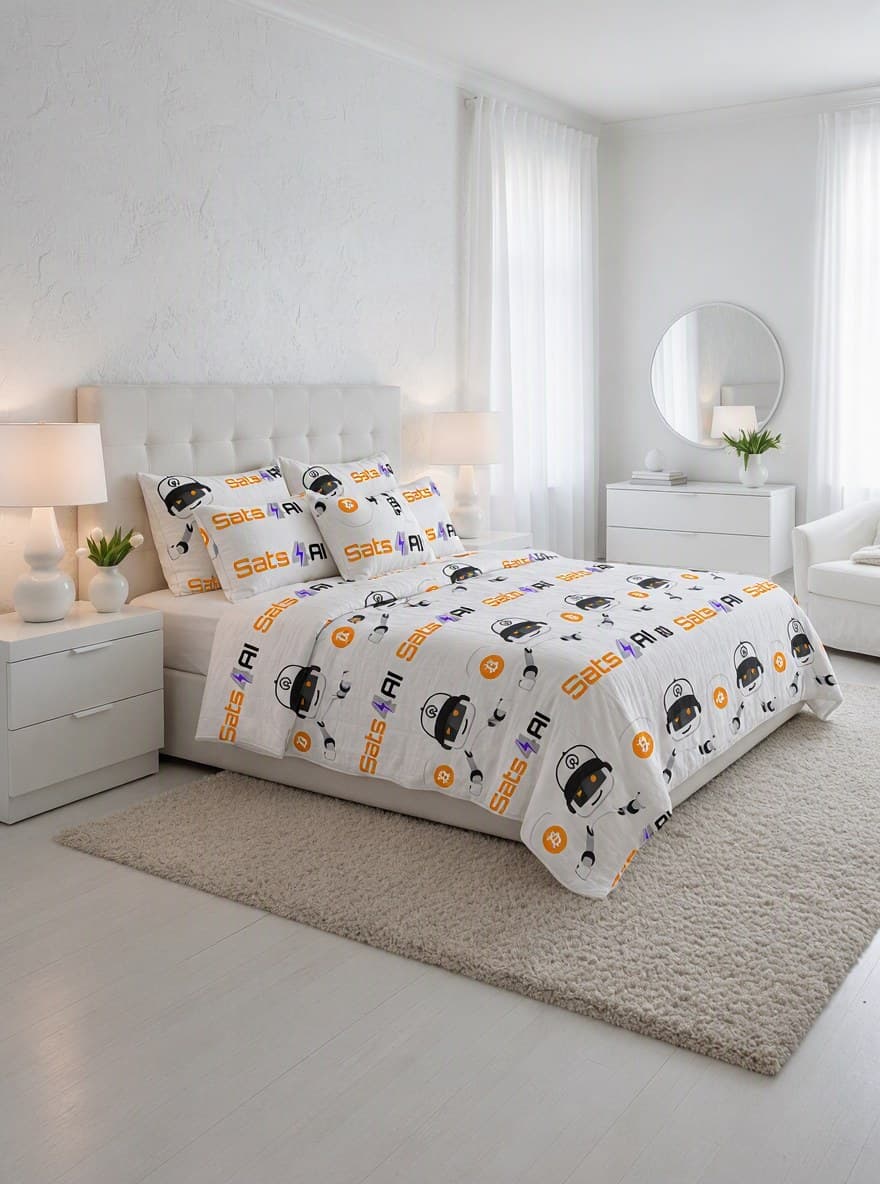 Result: the same bedroom with the bedding printed in the Sats4AI brand