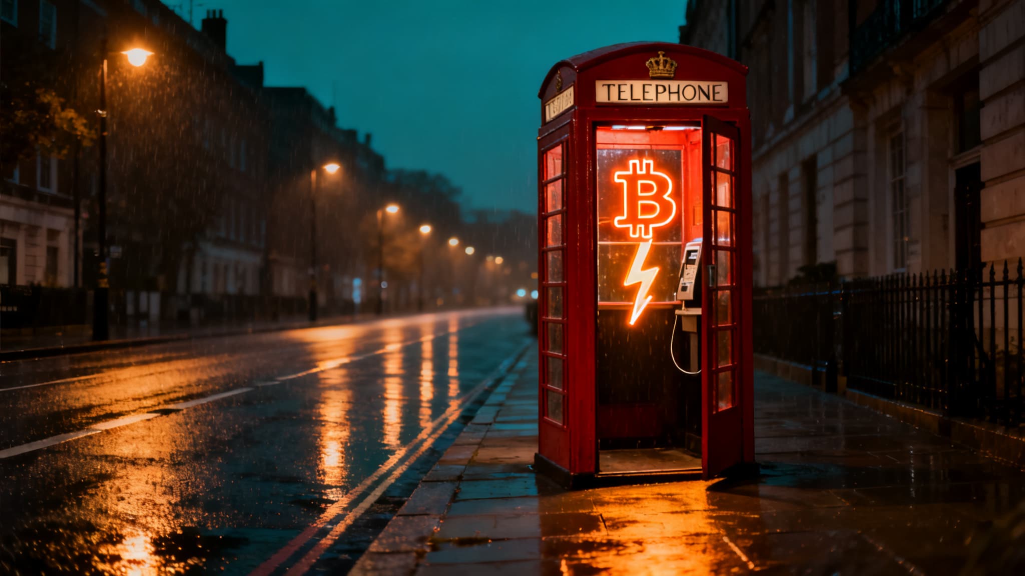 A red British telephone box on a rain-slick night street, its door open, a neon Bitcoin symbol and lightning bolt glowing inside, the wet road reflecting the street lamps